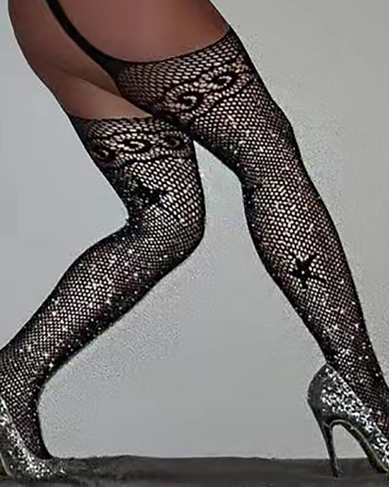 

Star Pattern Fishnet Design Rhinestone Stockings, Black
