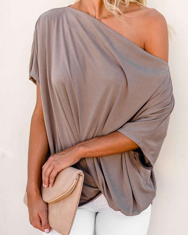 

Skew Neck Batwing Sleeve Solid Loose Tops, Coffee