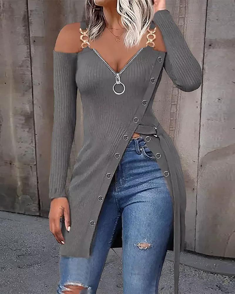 

Cold Shoulder Chain Strap High Split Zip Front Top, Gray