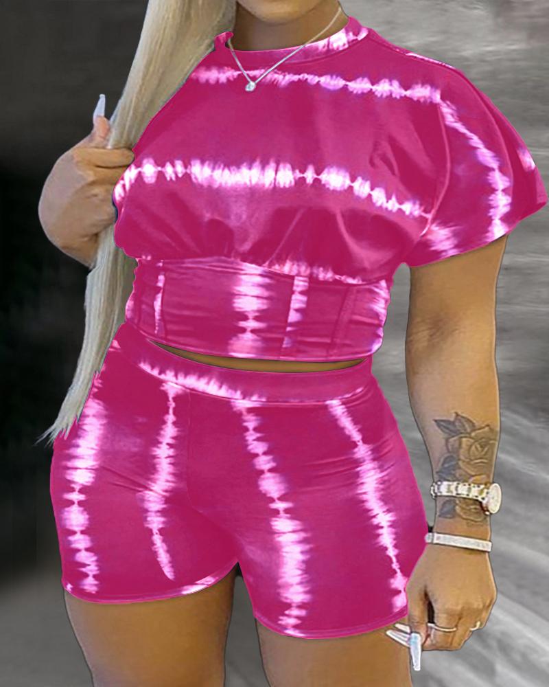 

Plus Size Tie Dye Print Crop Top & Shorts Set, Hot pink
