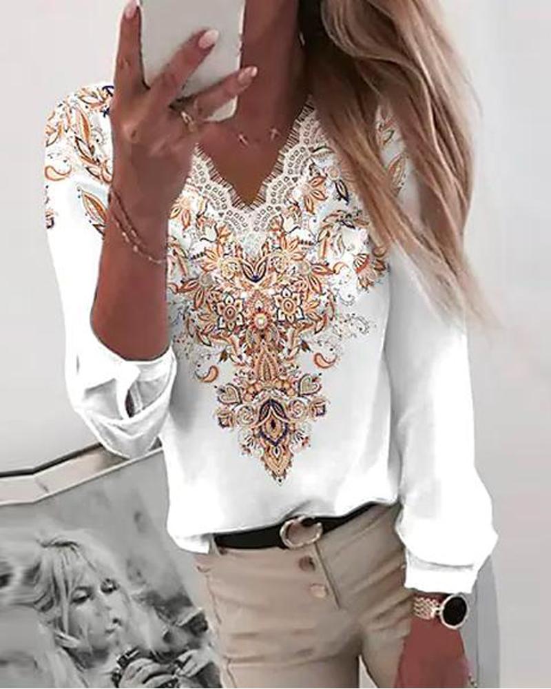 

Tribal Print Contrast Lace Long Sleeve Top, White