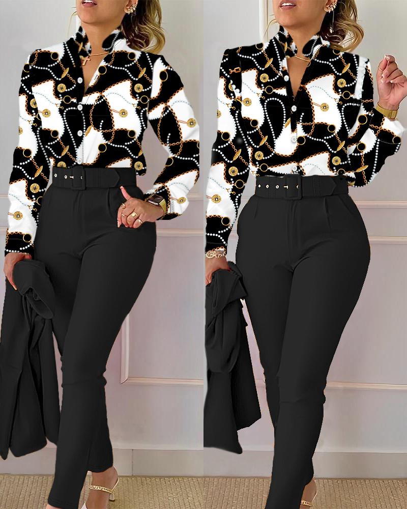 

Chain Print Colorblock Shirt & Pants Set, Black