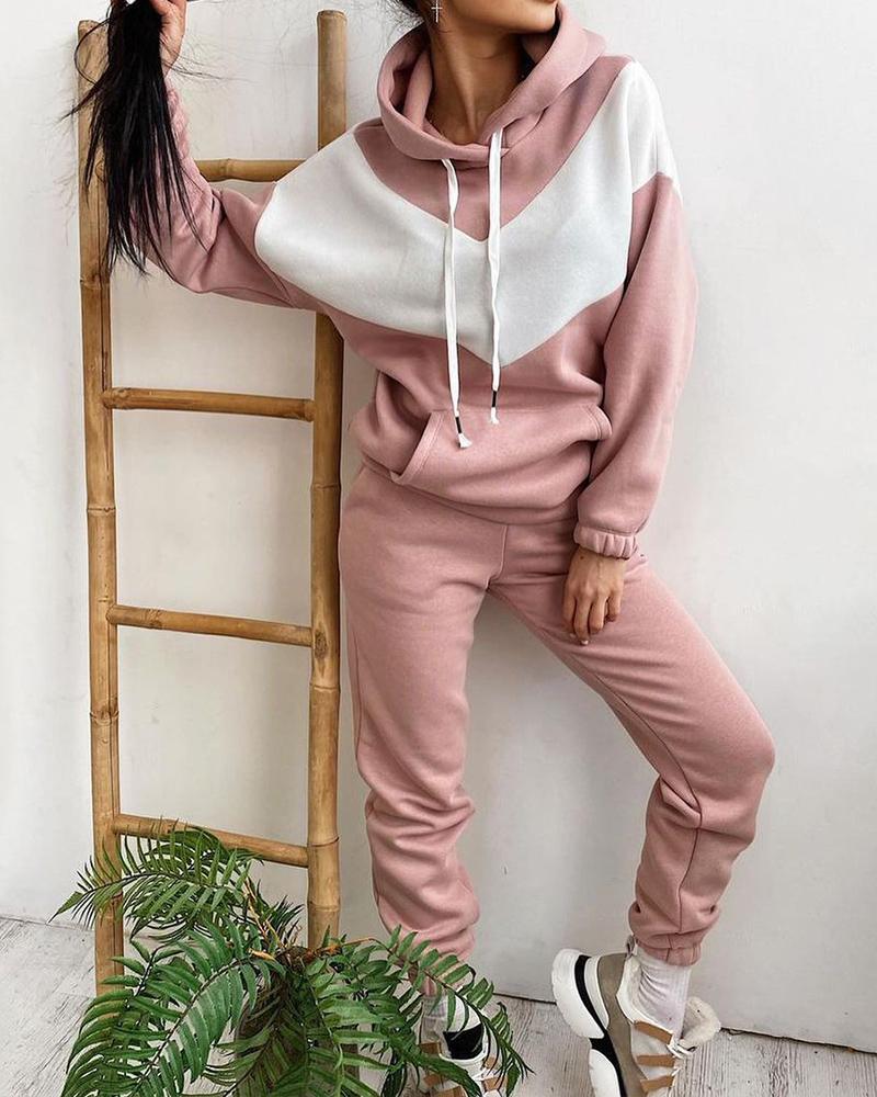 

Colorblock Drawstring Hooded Top & Pocket Sweatpants Set, Pink