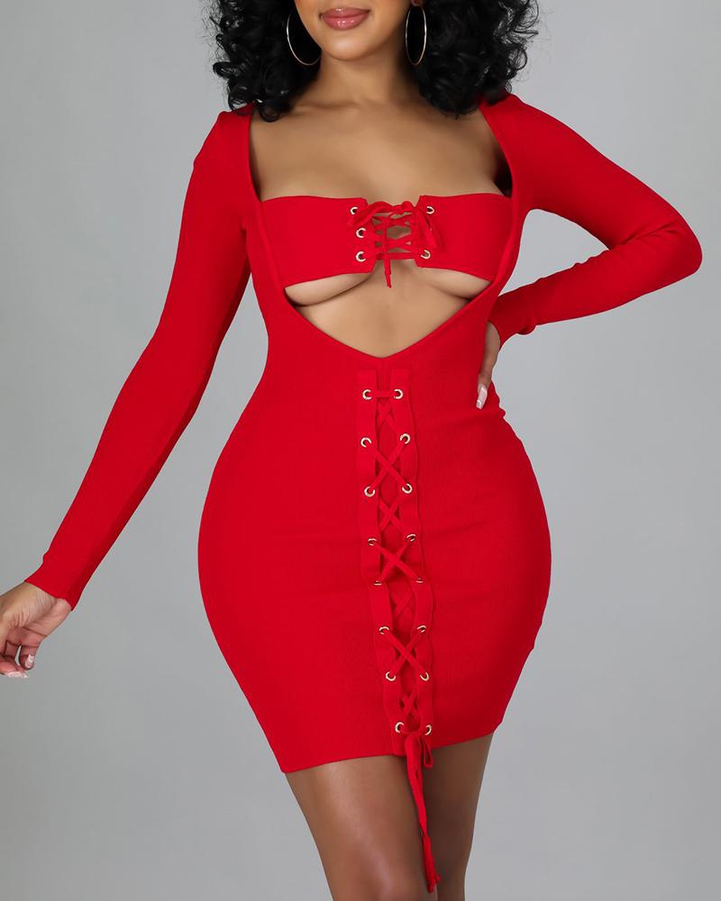 

Cutout Lace-up Long Sleeve Bodycon Dress, Red