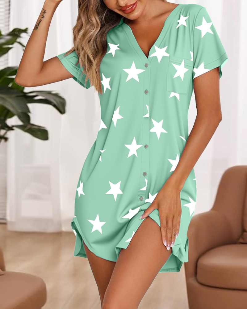 

Star Print Notch Neck Button Down Side Slit Nightgown Casual Pocket Design Mini Sleep Dress, Green