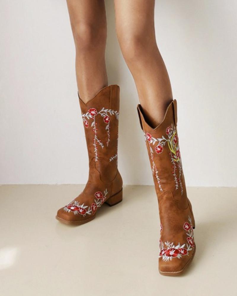 

Womens Square Toe Embroidered Heeled Western Boots, Brown