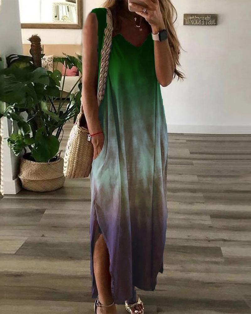

Tie Dye Print Pocket Design Split Hem Casual Dress, Green