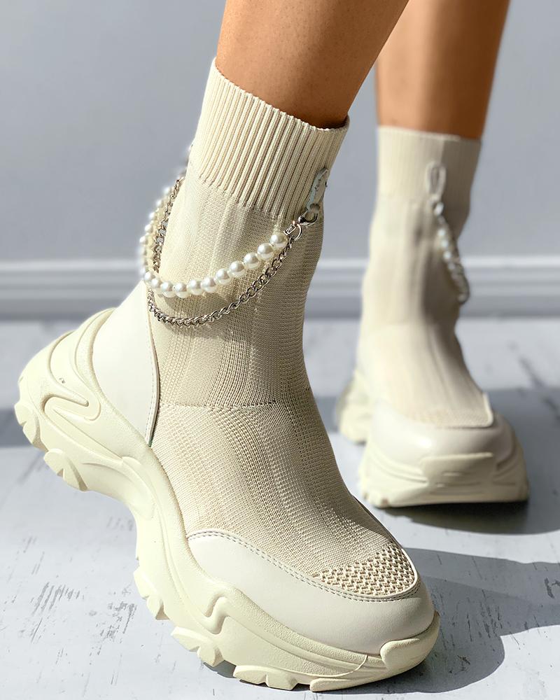 

Chain Beaded Strap Knit Chunky Socks Boots, Beige