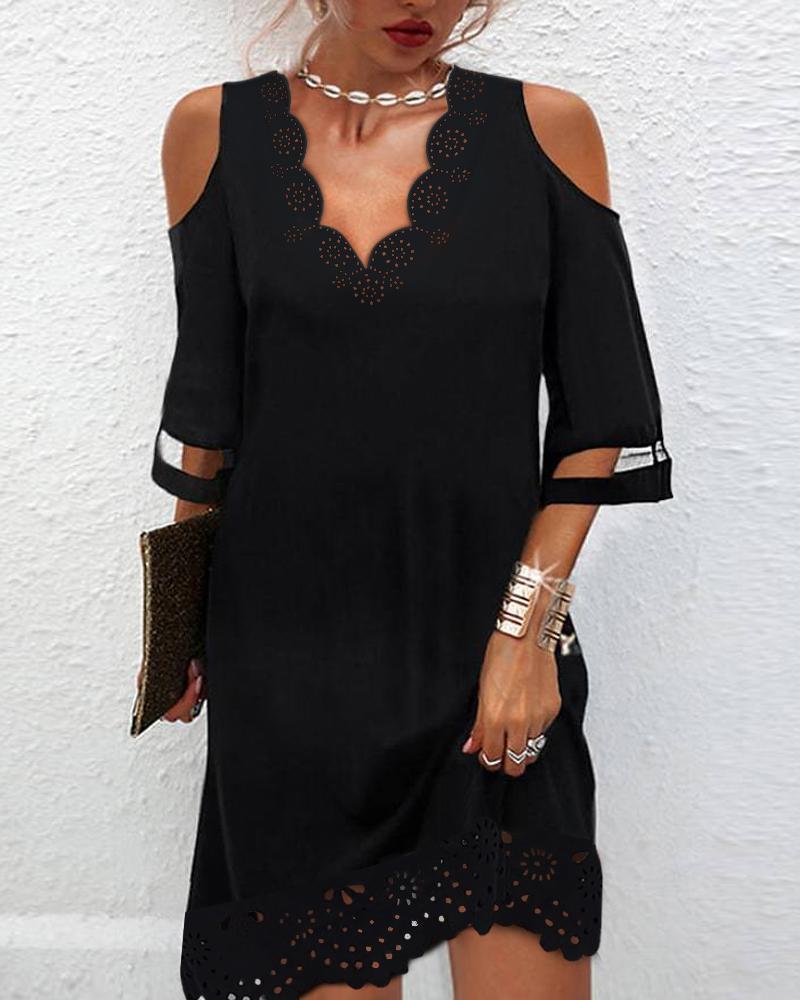 

Contrast Mesh Cold Shoulder Casual Dress, Black