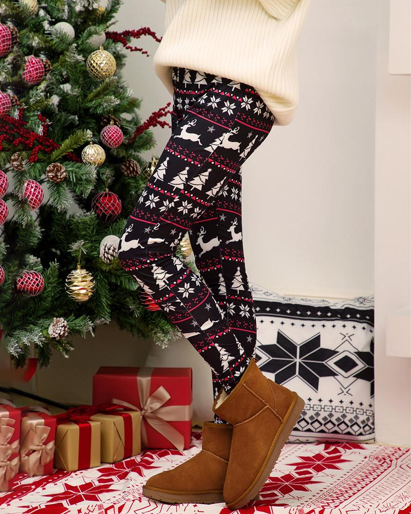 

Christmas High Waist Geometric Graphic Print Skinny Pants, Black