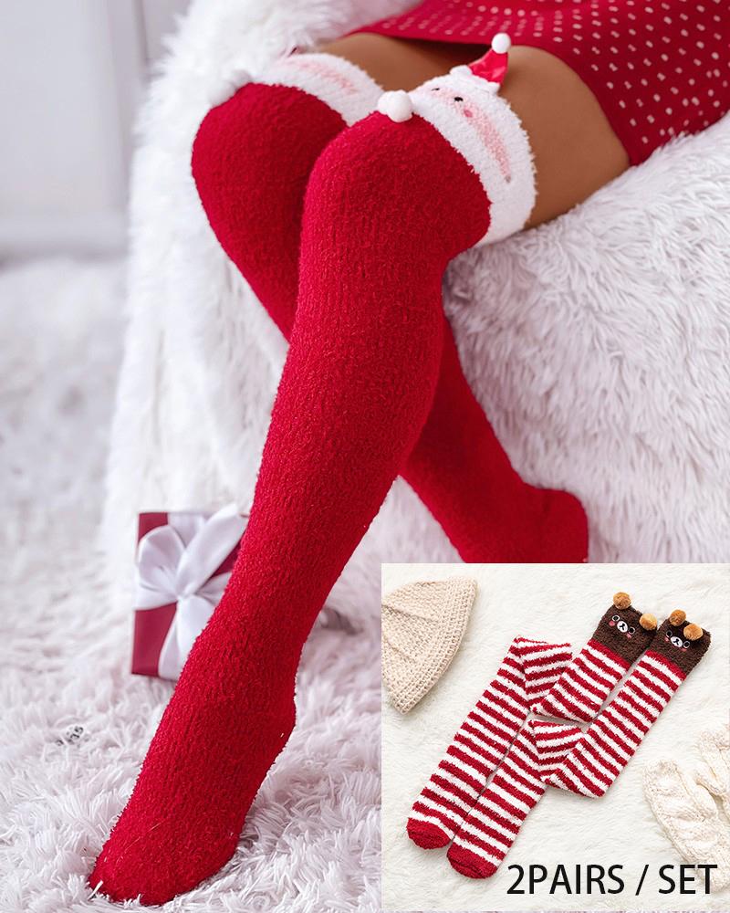 

2Pairs Christmas Cartoon Over The Knee Fuzzy Thermal Socks Set, Style1