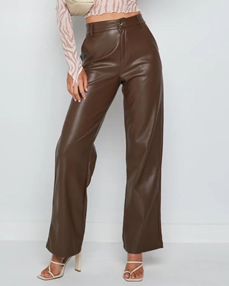 

PU Leather High Wait Pocket Design Pants, Brown