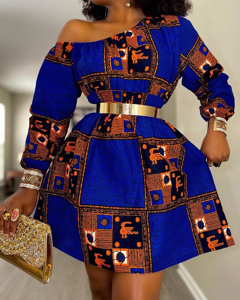 

Scarf Print Colorblock Cold Shoulder Print Dress, Blue