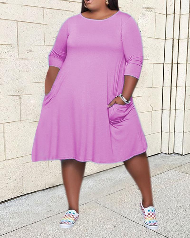 

Plus Size Plain Pocket Detail Casual Dress, Hot pink