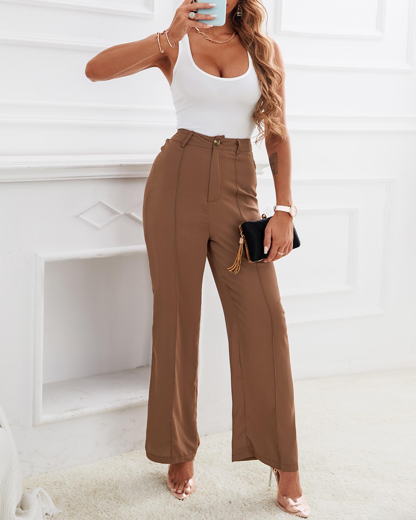 

Solid Ribbed Tanks With Solid Loose Straight Leg Pants Suit Sets, Khaki