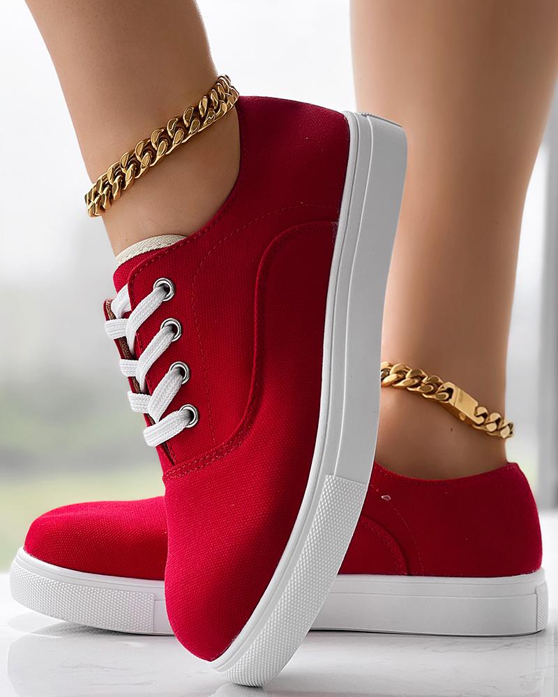 

Eyelet Lace-up Round Toe Canvas Sneakers, Red