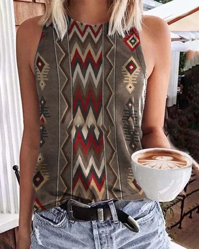 

Retro Tribal Print Casual Tank Top, Khaki