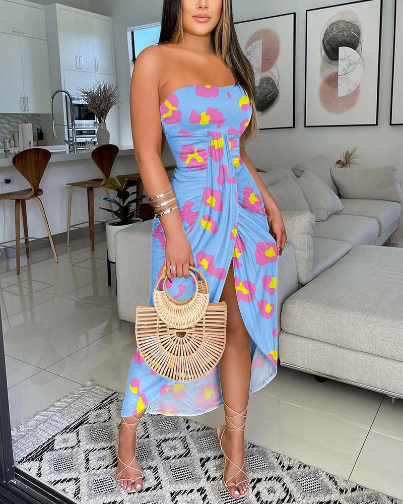 

Pink Leopard Print Bandeau Draped Casual Dress, Blue