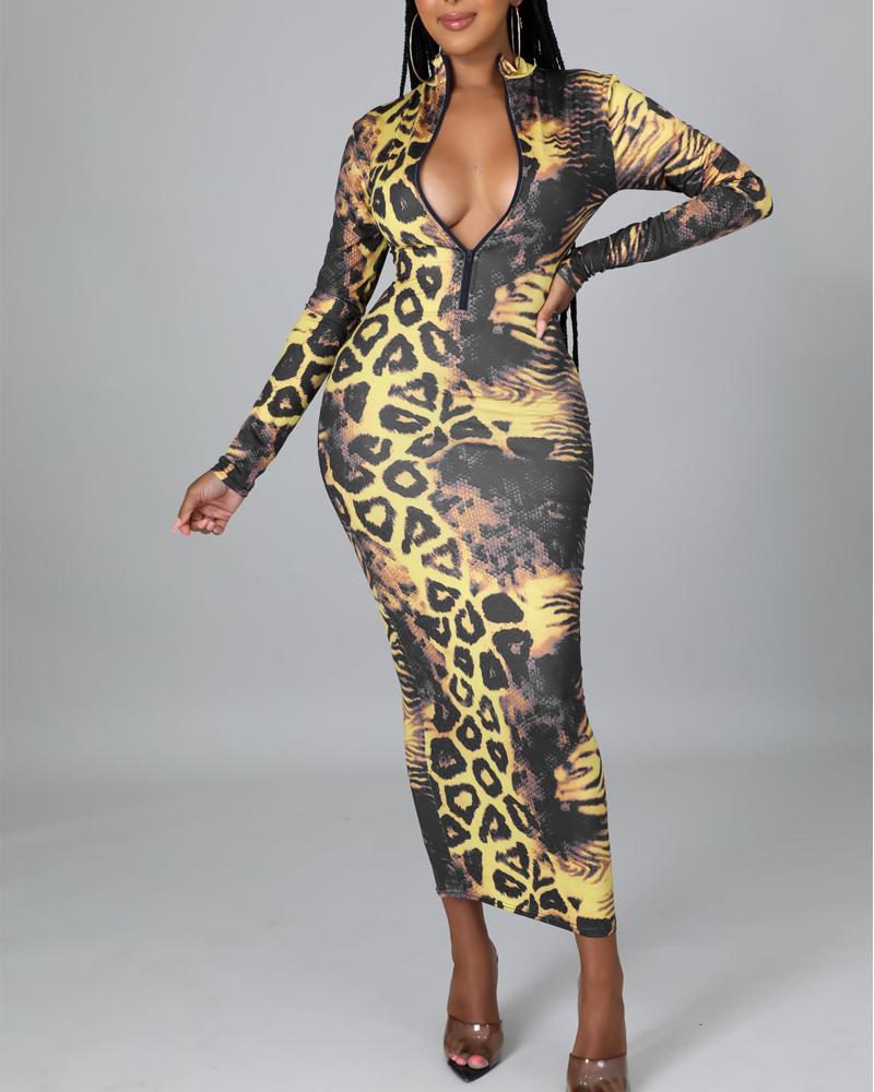 

Leopard Print Zipper Detail Long Sleeve Skinny Dress, Yellow