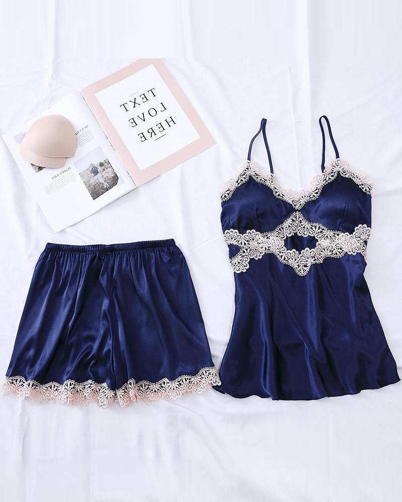 

Solid Lace Trim Cami Set, Blue
