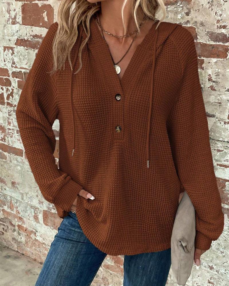 

Buttoned Drawstring Long Sleeve Hooded Sweatshirt, Coffee