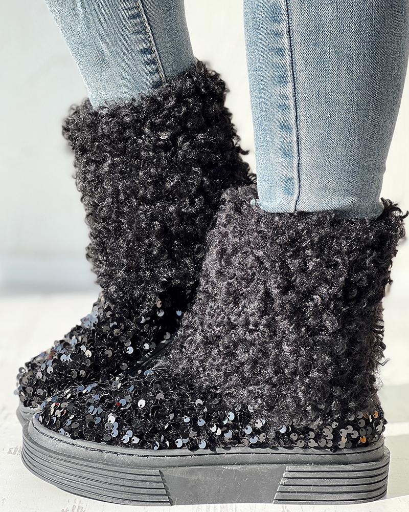 

Contrast Sequin Fluffy Detail Lined Snow Boots, Black