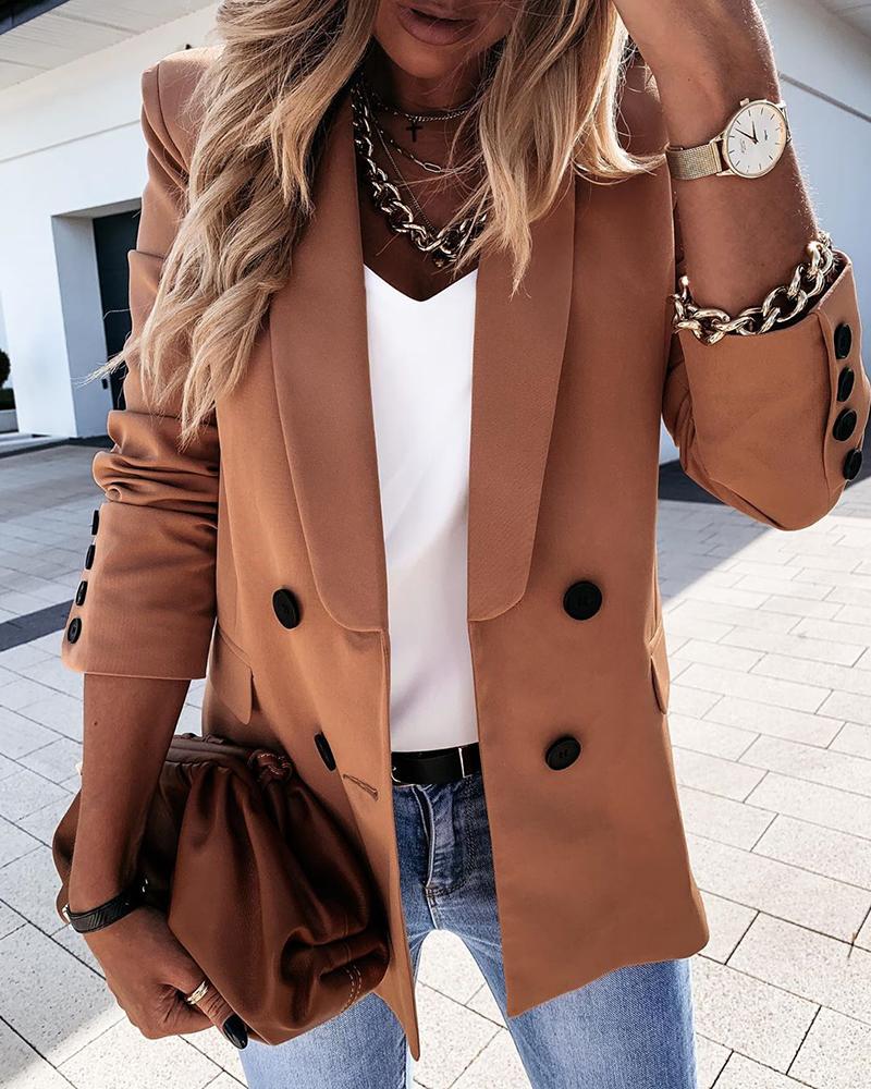 

Plain Long Sleeve Double Breasted Chocolate Blazer Coat, Dark brown