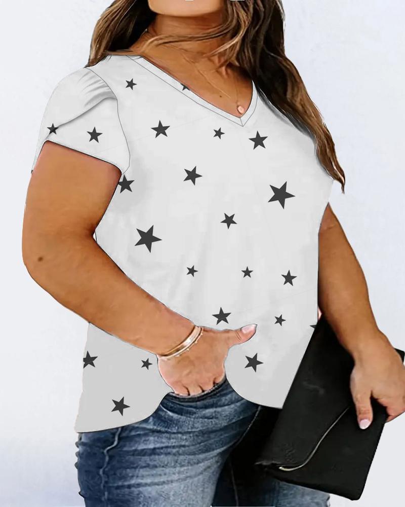 

Plus Size Star Print Petal Sleeve V-Neck T-Shirt, White