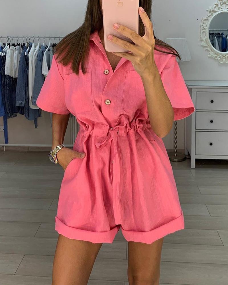 

Solid Drawstring Pocket Casual Romper, Pink