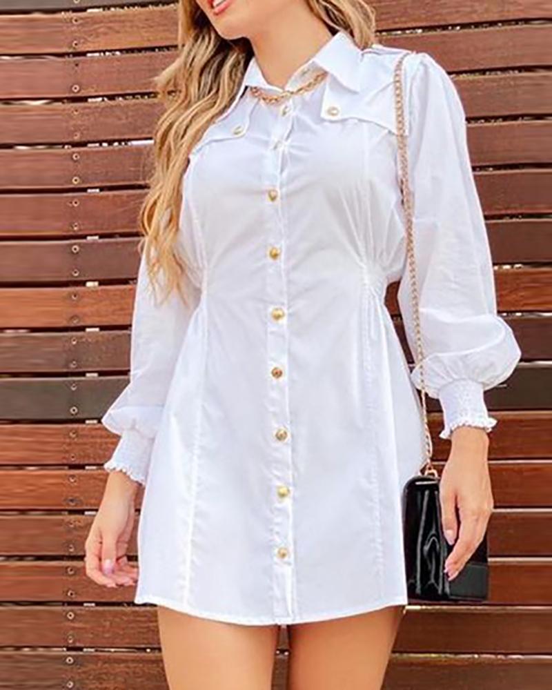

Shirred Long Sleeve Button Design Shirt Dress, White