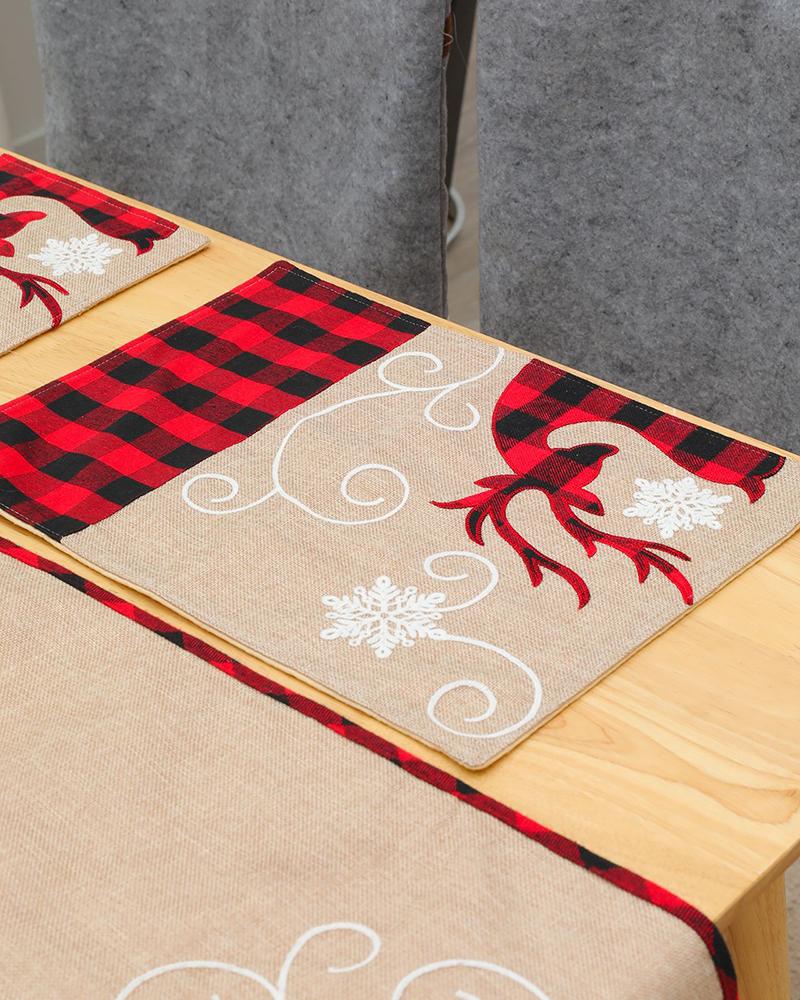 

Linen Deer Embroidery Plaid Print Table Mat Christmas Kitchen Ornament, Red