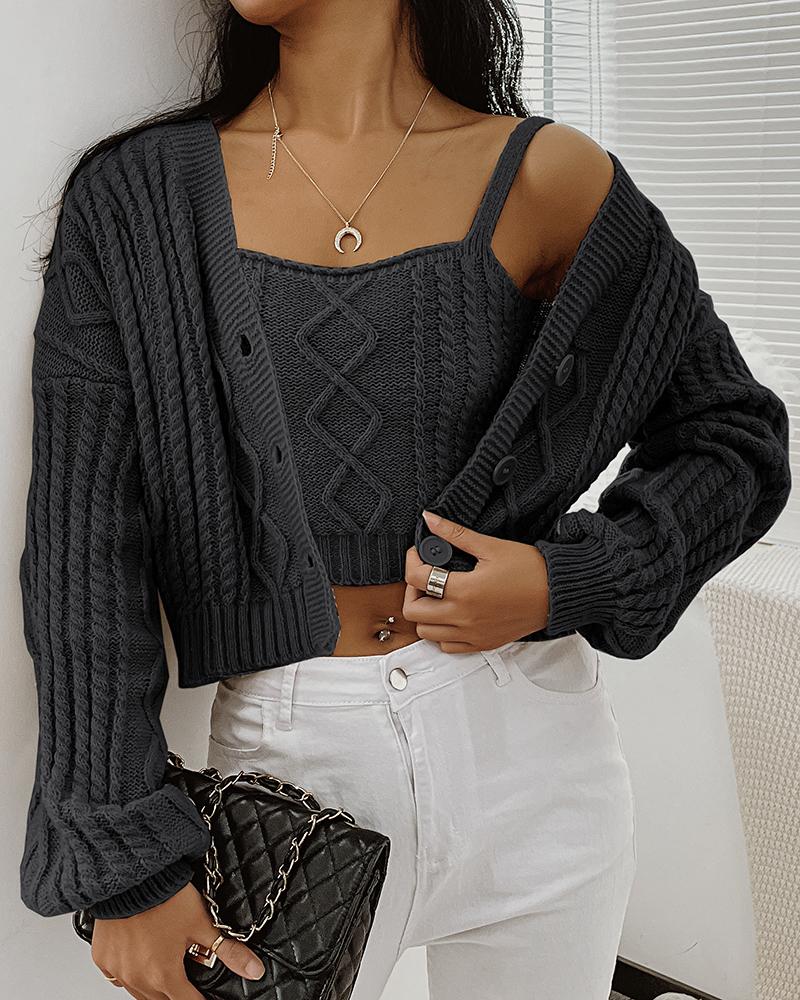 

Braided Buttoned Crop Cardigan With Cami Top, Black