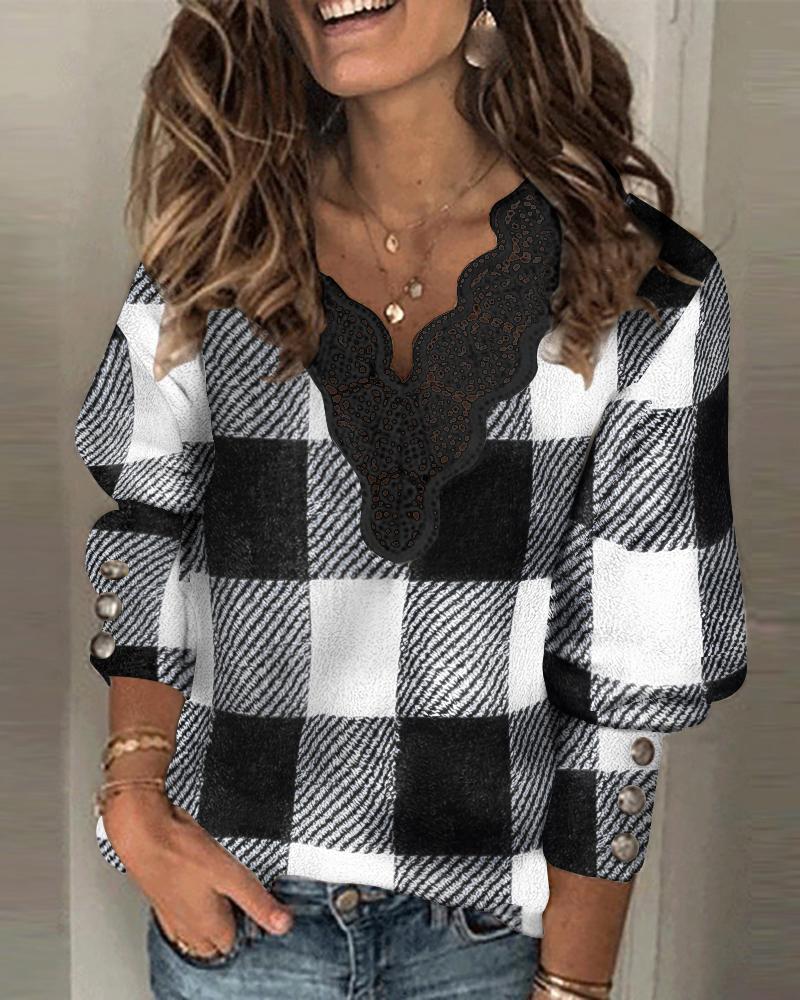 

Plaid Print Contrast Lace Long Sleeve Top, Blackwhite