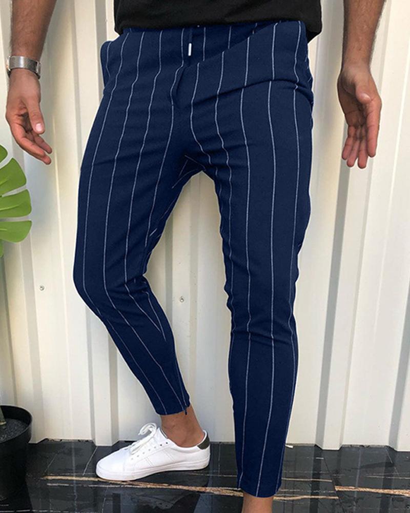 

Stripe Drawstring Zipper Skinny Pants, Purplish blue