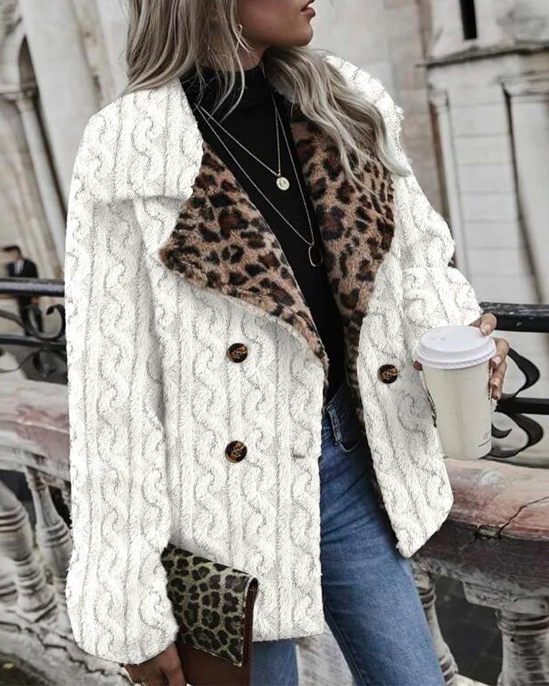 

Contrast Leopard Braid Textured Double Breasted Teddy Coat, White