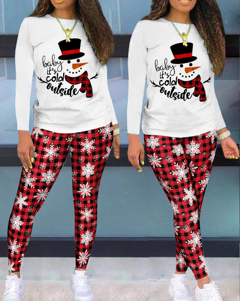 

Christmas Snowman Letter Print Top & Plaid Pants Set, Red