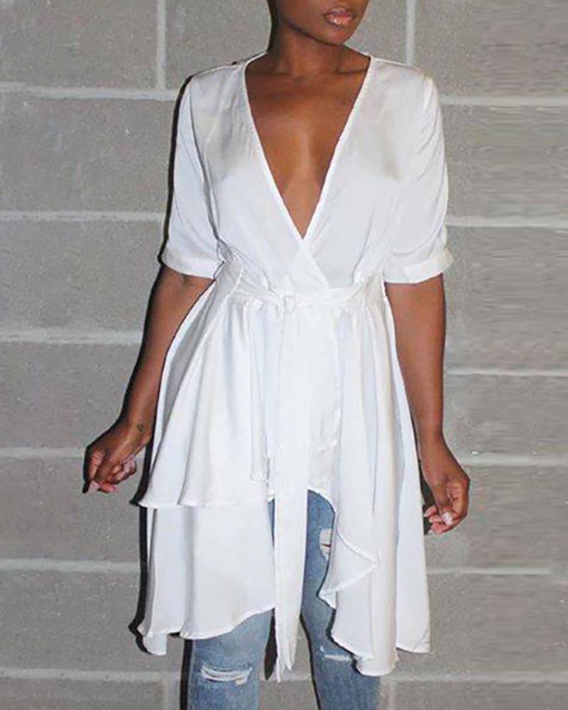 

Solid Deep V Asymmetrical Ruffles Hem Dress, White