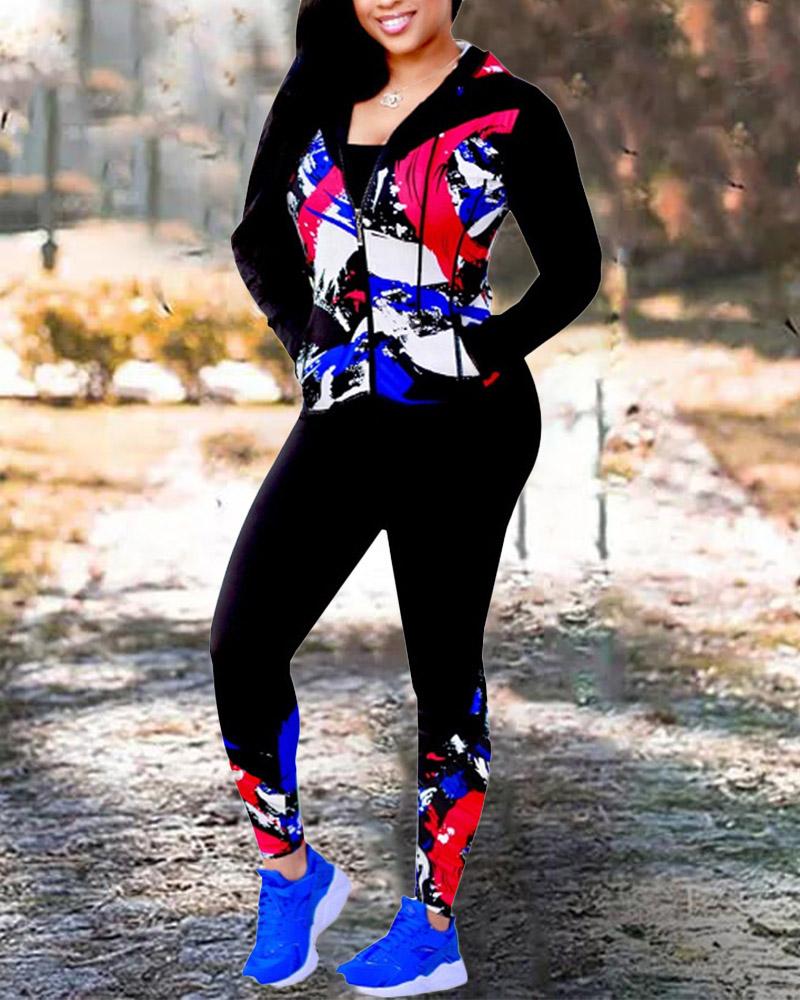 

Abstract Print Long Sleeve Hooded Zip Up Top & Pants Set, Black