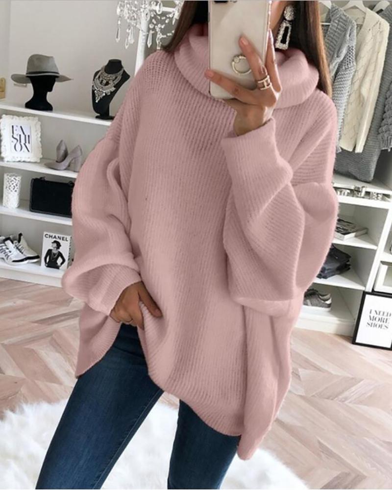 

Solid High Neck Long Sleeve Ribbed Sweater, Pink