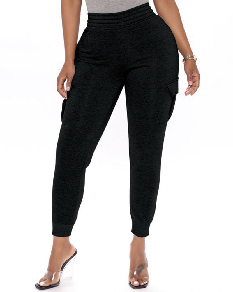 

High Waist Pocket Design Pants, Black