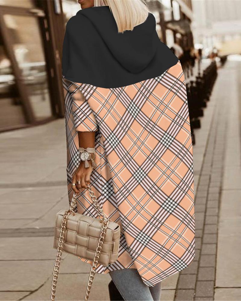 

Plaid Print Longline Hooded Coat, Brown