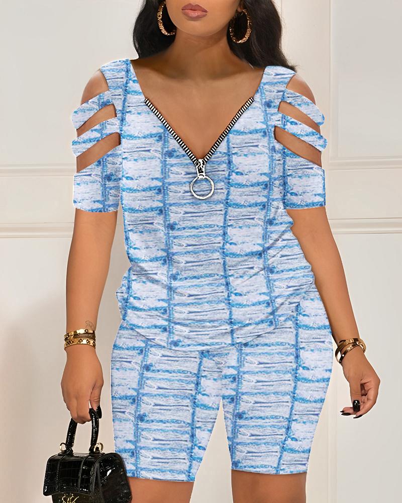 

Denim Look Print Cold Shoulder Top & Shorts Set, Blue