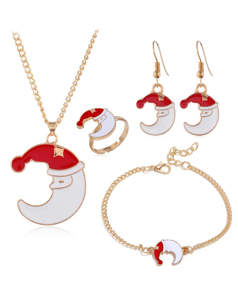 

4PCS Christmas Tree Snowflake Santa Clause Reindeer Jingle Bell Necklace & Earrings & Ring & Bracelet Jewelry Set, Style2