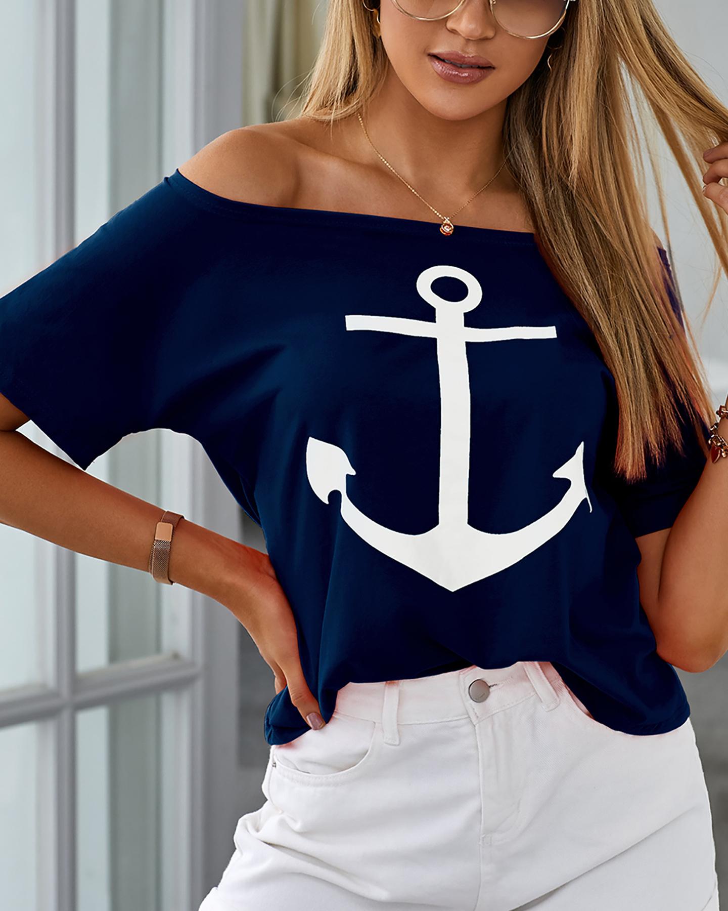 

Boat Anchor Print Short Sleeve Casual T-Shirt, Blue