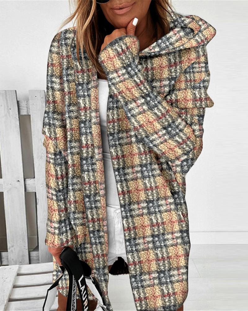 

Plaid Print Open Front Batwing Hooded Cardigan, Khaki