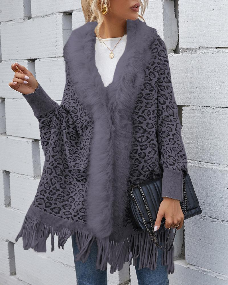 

Cheetah Print Tassel Design Fluffy Detail Cape Coat, Dark grey