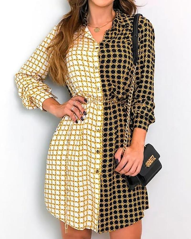 

Chain Print Colorblock Long Sleeve Shirt Dress, Yellow