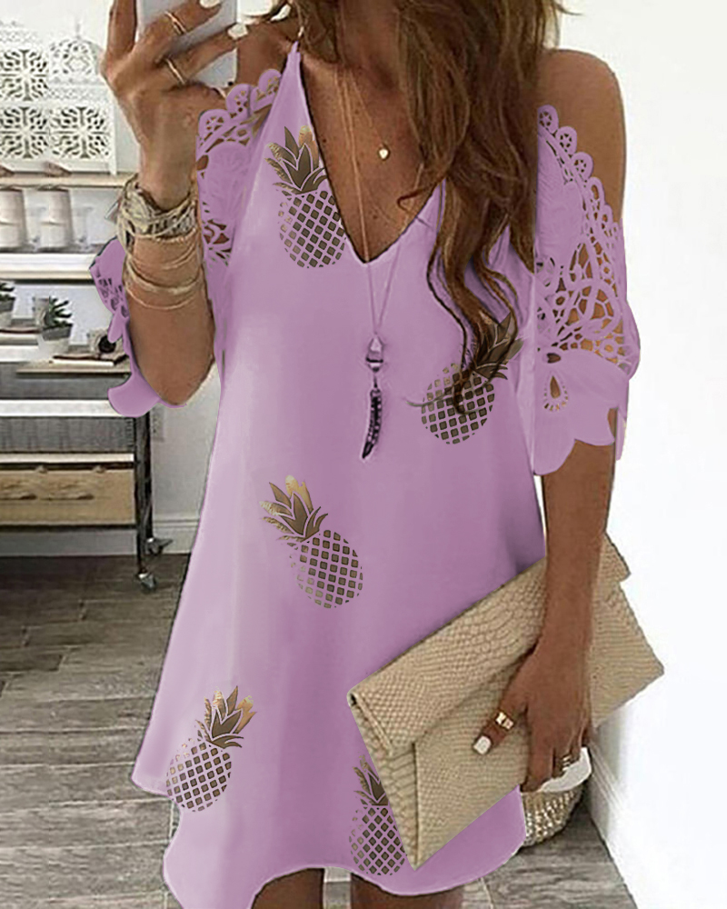 

Pineapple Print Cold Shoulder Crochet Lace Dress, Purple