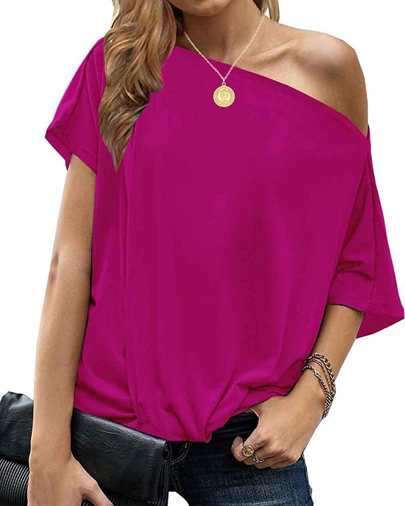 

Slash Neck Short Sleeve T-shirt, Hot pink