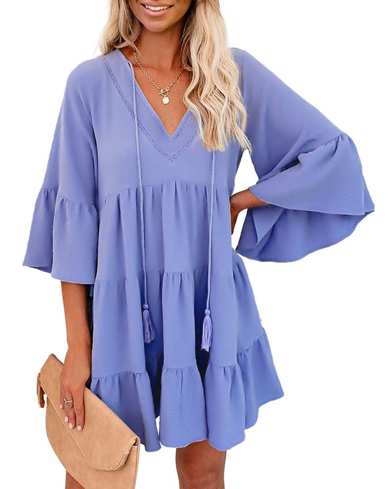 

V Neck Flutter Sleeve Casual Dress, Blue